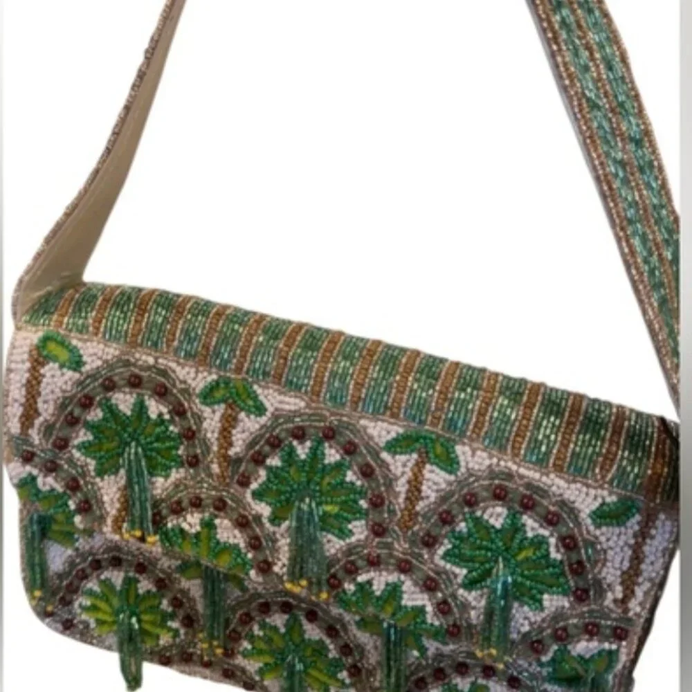 Handmade in India Beaded Palm Trees Shoulder Bag with Palm Tree Bag Charm NWT